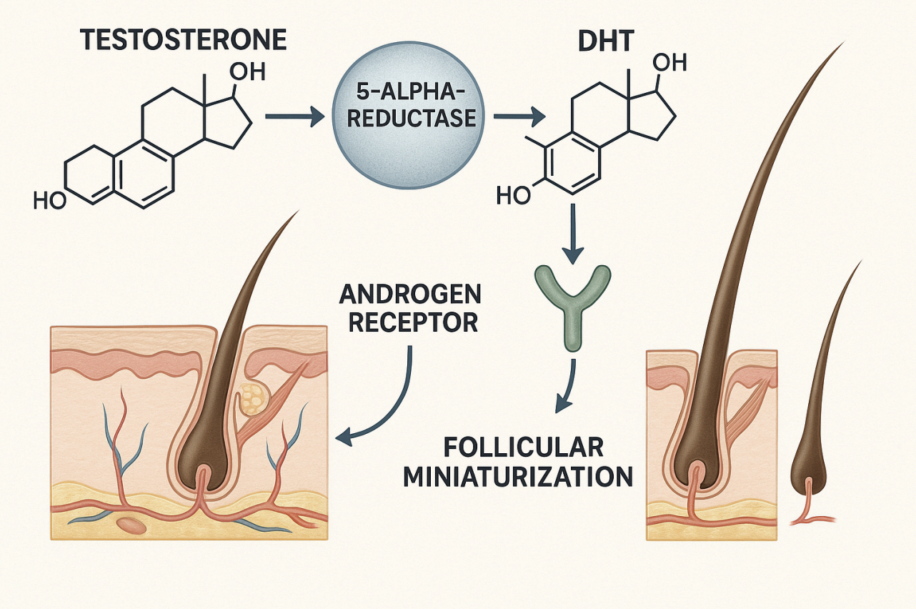 Esquema de la patofisiología molecular de la alopecia androgenética.