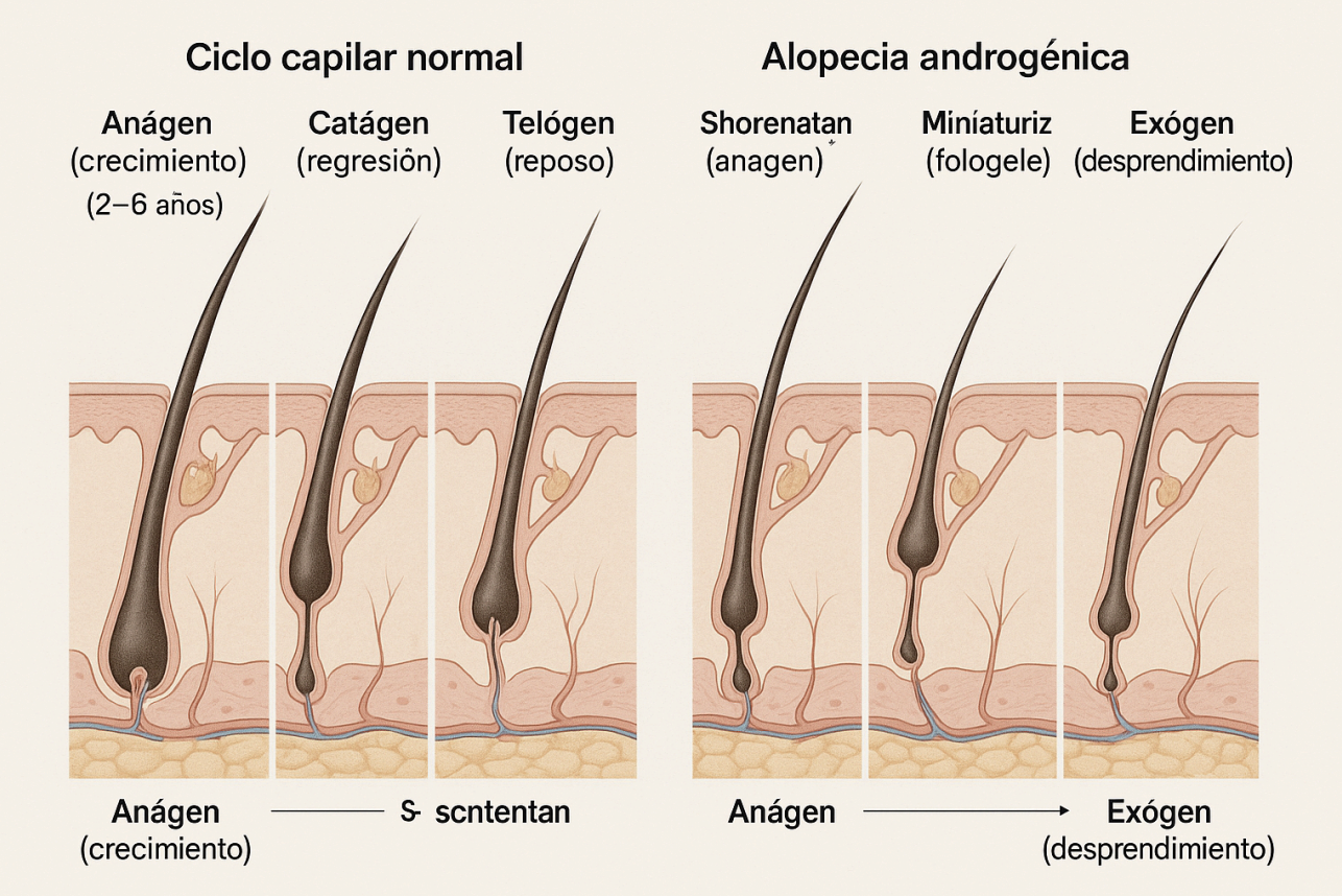 Comparación entre el ciclo capilar normal y el alterado por la alopecia
androgenética